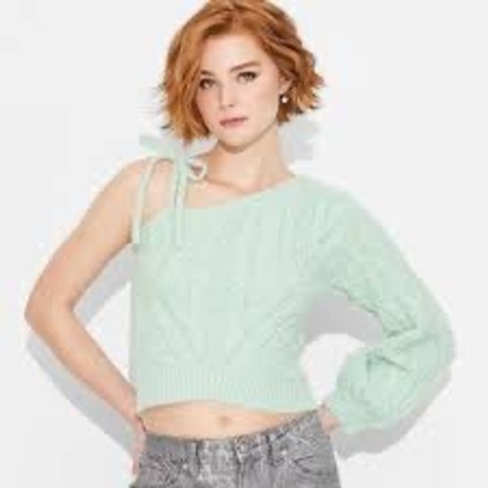 Wild Fable Mint Green One Shoulder Cable Knit Cropped Sweater NWT Medium